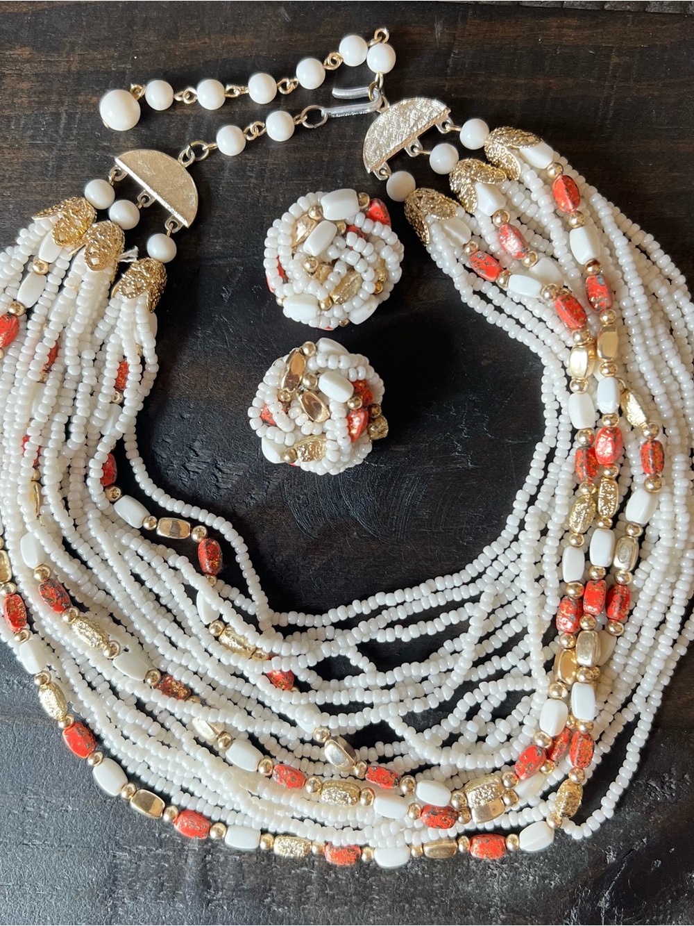 Beaded Multi-Strand White, Coral & Gold Statement Necklace with Clip-On Earrings